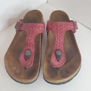 Birkenstock Tatami 36 L6 Sandals Red Leather Braid Strap Toe Post Cork Granola